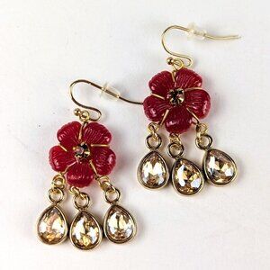 Red Flower Sparkly Dangle Earrings